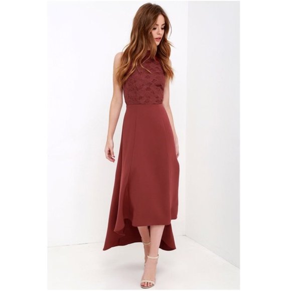 Keepsake All Talk Hi-Low Dress Maroon Halter Neck - Picture 1 of 8